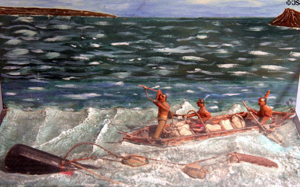 Model of how Native American chased whales from canoes at Whaling Museum. Cold Spring Harbor, NY.