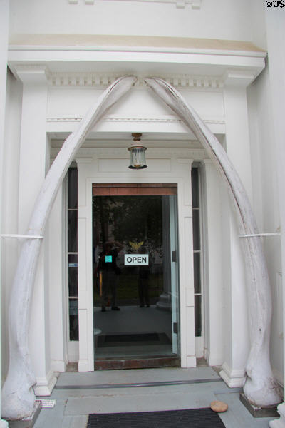 Front entrance with whale jaw bones at Sag Harbor Whaling Museum. Sag Harbor, NY.