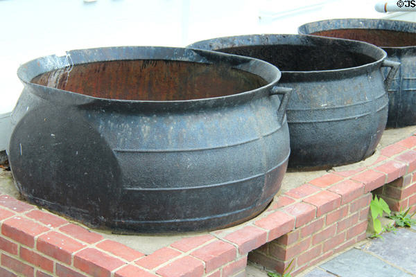 Tryworks or kettles for boiling down blubber cut from whale at Sag Harbor Whaling Museum. Sag Harbor, NY.