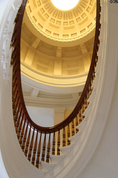 Oval staircase with coffered ceiling & skylight at Sag Harbor Whaling Museum. Sag Harbor, NY.