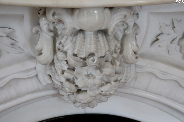 Detail of carved marble on fireplace at Sag Harbor Whaling Museum. Sag Harbor, NY.
