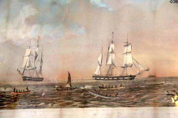Whaling ships under sail & open whaleboats with crew graphic (1870) by Benjamin Russell at Sag Harbor Whaling Museum. Sag Harbor, NY.