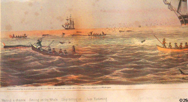 Detail of Whaling ships under sail & open whaleboats with crew graphic (1870) by Benjamin Russell at Sag Harbor Whaling Museum. Sag Harbor, NY.