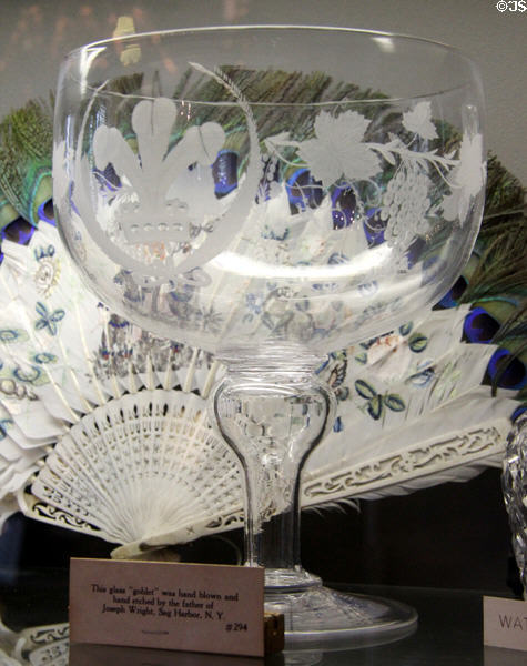 Handblown & hand etched glass goblet by father of Joseph Wright at Sag Harbor Whaling Museum. Sag Harbor, NY.
