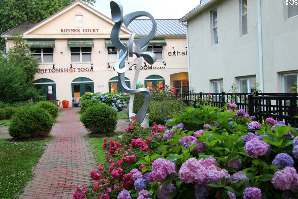 Flower bordered brick walkway & shopping area. Bridgehampton, NY.