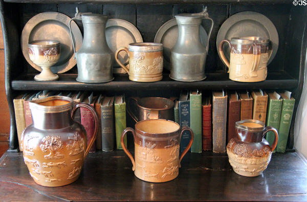 Brown salt glaze & pewter jugs & cups at Home Sweet Home Museum. East Hampton, NY.
