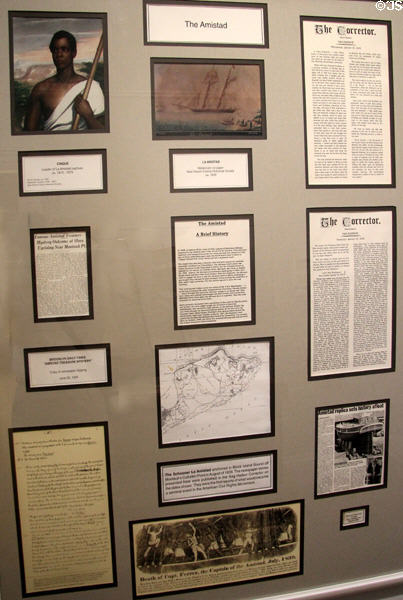 Information board about The Amistad slave ship at Montauk Lighthouse museum. Montauk, NY.