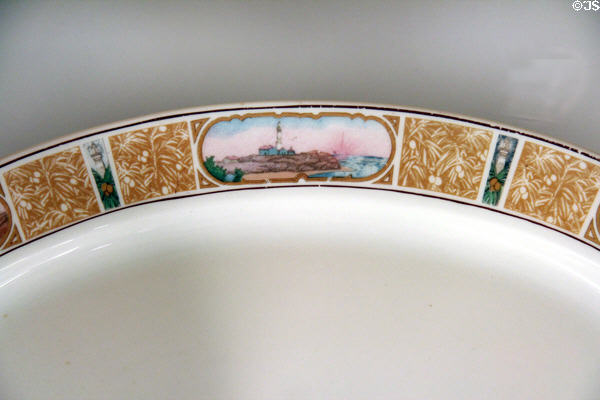 Serving platter by Lamberton Schammell with rim depicting Montauk Lighthouse at Montauk Lighthouse museum. Montauk, NY.