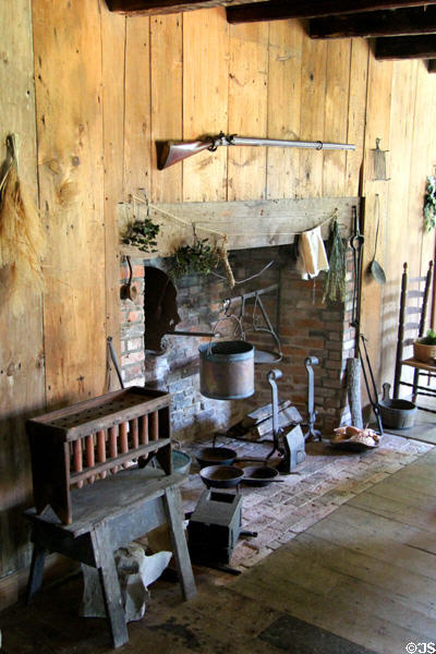 Kitchen with open hearth at Thomas Halsey Homestead. South Hampton, NY.