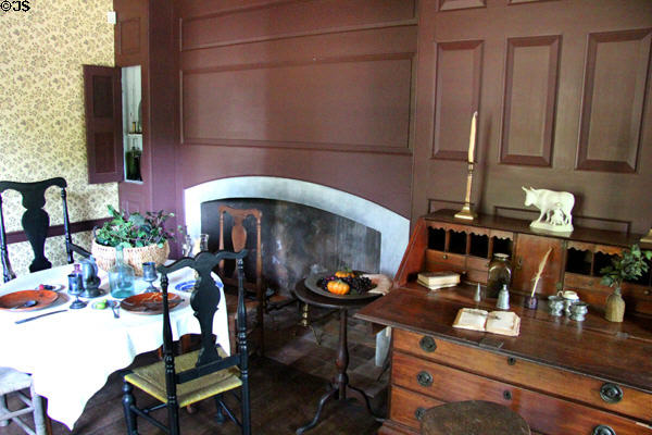 Wood paneling over fireplaces, dining table & secretary desk at Thomas Halsey Homestead. South Hampton, NY.