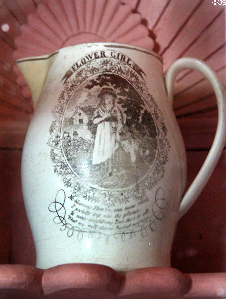 Ceramic pitcher with Flower Girl image & saying at Thomas Halsey Homestead. South Hampton, NY.