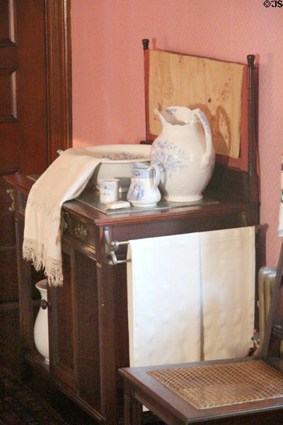 Washstand, pitcher & basin in Alice's bedroom at Roosevelt's House Sagamore Hill NHS. Cove Neck, NY.