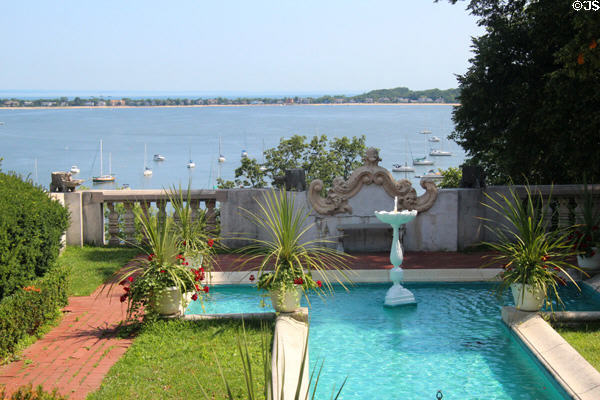 Harbor view over fountain garden at Vanderbilt Mansion. Centerport, NY.