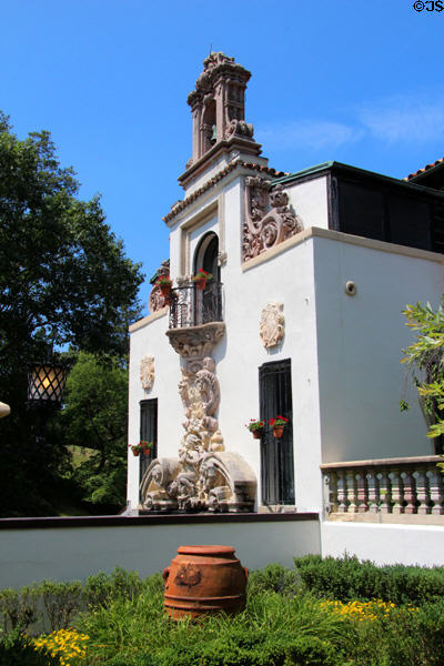 Spanish Baroque style facade with sculpture & bell tower at Vanderbilt Mansion. Centerport, NY.