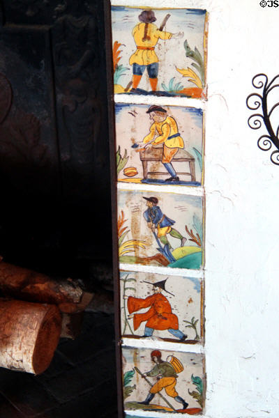 Fireplace tile surround in dining room at Vanderbilt Mansion. Centerport, NY.