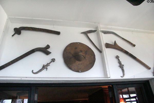 Collection of antique weapons over entrance of Portuguese sitting room at Vanderbilt Mansion. Centerport, NY.