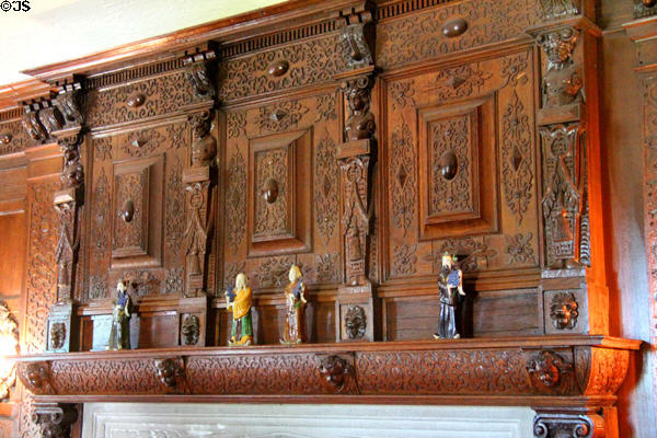 Carved fireplace mantle in organ room at Vanderbilt Mansion. Centerport, NY.