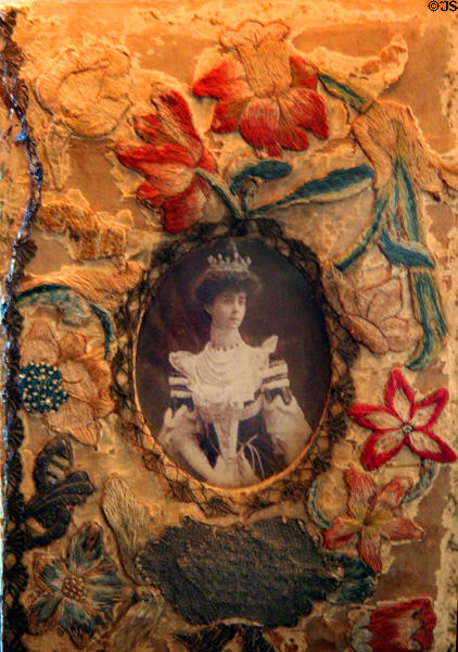 Embroidered cover of album in organ room at Vanderbilt Mansion. Centerport, NY.