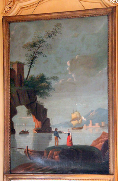 French nautical scene in yellow guest room at Vanderbilt Mansion. Centerport, NY.