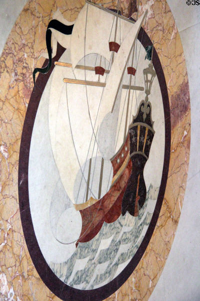 Marble floor inlaid with ship image in master bathroom at Vanderbilt Mansion. Centerport, NY.