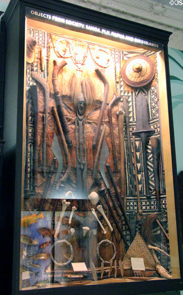 Cultural objects from islands where Vanderbilt collected marine fish specimens in Hall of Fishers at Vanderbilt Mansion. Centerport, NY.