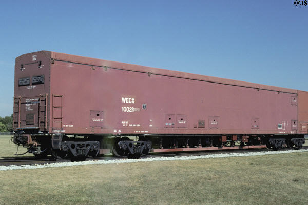 Peacekeeper Rail Garrison boxcar used to keep US missiles in constant motion so as to make them less vulnerable to an offensive attack at US Air Force Museum. Dayton, OH.