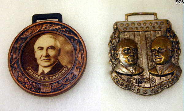 Harding presidential campaign buttons at Heritage Hall museum. Marion, OH.