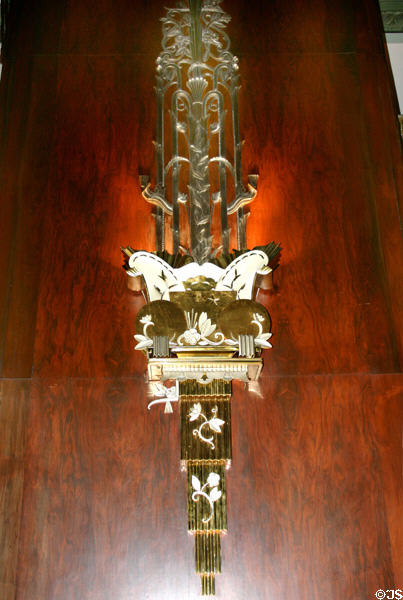 Art Deco wall sconces & Brazilian rosewood walls of Palm Court in Netherland Plaza Hotel in Carew Tower complex. Cincinnati, OH.