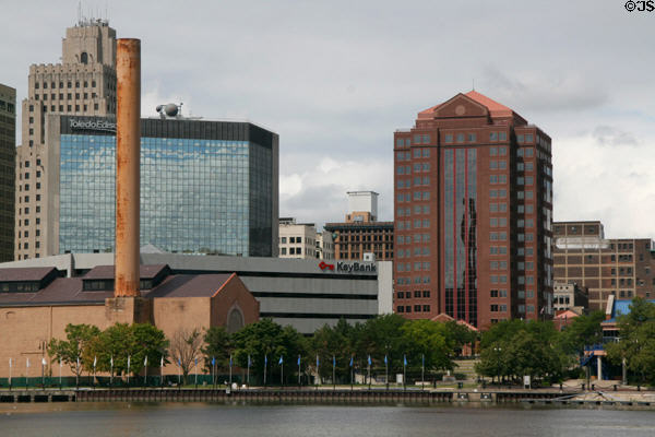 Skyline of Toledo with National City Bank, Toledo Edison, power plant, Key Bank, & HCR Manor Care buildings. Toledo, OH.