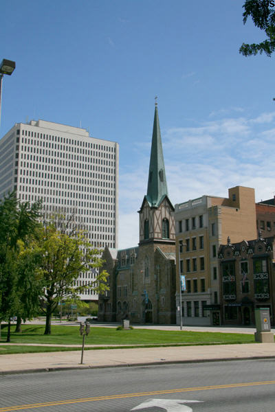 Michael DiSalle Government Center, St. Paul's Lutheran Church & streetscape of Erie St. Toledo, OH.