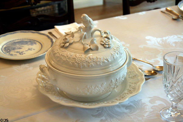 White tureen with bird handle at Wildwood Manor House. Toledo, OH.