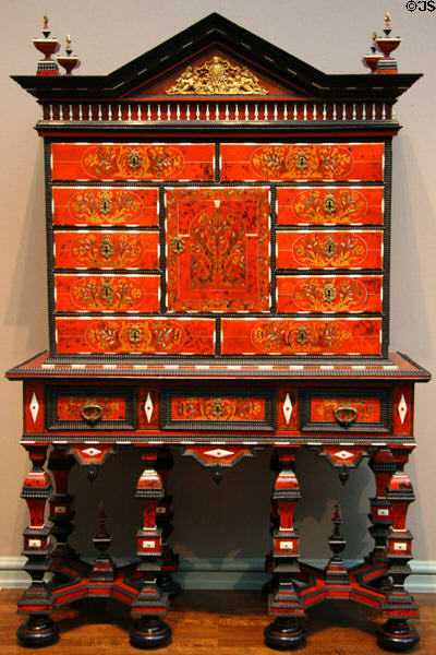 Ebony, tortoiseshell, ivory mixed wood & gilded bronze cabinet on stand (c1690) from The Netherlands at Toledo Museum of Art. Toledo, OH.
