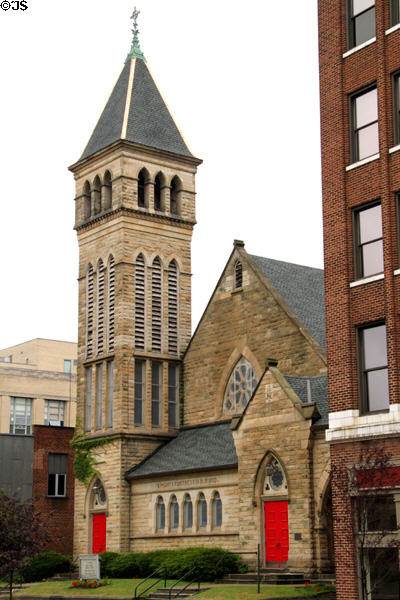 Trinity Lutheran Church (1885) (415 W. Tuscarawa St.). Canton, OH. Style: Romanesque, Gothic Revival. Architect: Guy Tilden. On National Register.