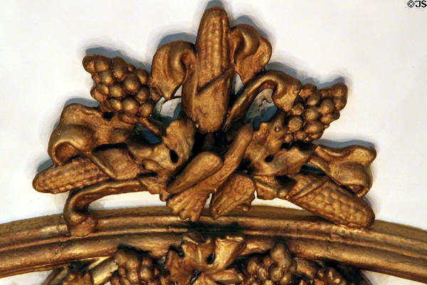 Detail of corn & grapes motif of ceiling medallion in dining room at Hower House. Akron, OH.