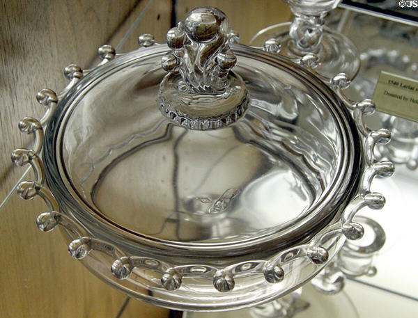 Lariat candy box with plume finial at National Heisey Glass Museum. Newark, OH.