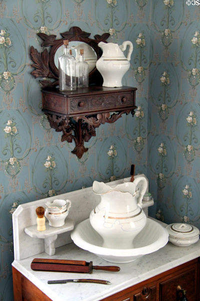 Washstand set with pitcher & basin in bedroom at Sherwood-Davidson House. Newark, OH.