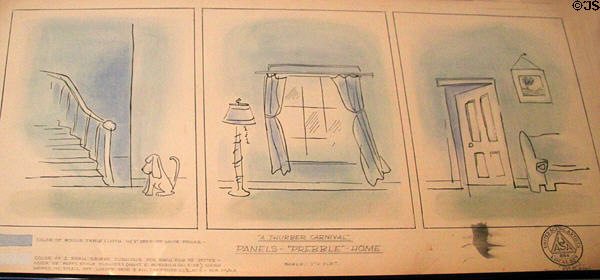 Thurber drawing for Thurber Carnival with printing instructions at The James Thurber House. Columbus, OH.