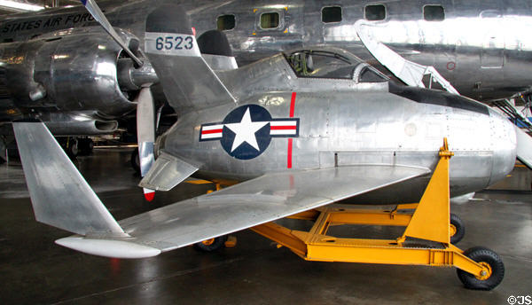 McDonnell XF-85 Goblin (1945) tested as parasite fighters to hook to bombers to fight off attacks when bombers beyond fighter range at National Museum of USAF. Dayton, OH.