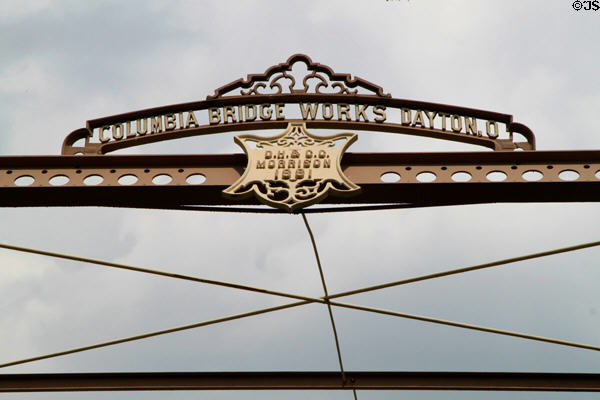 Columbia Bridge Works of Dayton nameplate atop wrought-iron bridge (1881) at Carillon Historical Park. Dayton, OH.