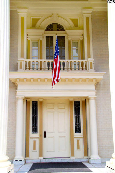 Balcony of Wright-family Hawthorn Hill home where Charles Lindbergh addressed a Dayton crowd. Dayton, OH.