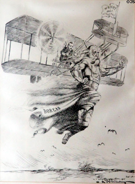 Graphic shows science leading flight by the Wright Bros. at Hawthorn Hill. Dayton, OH.