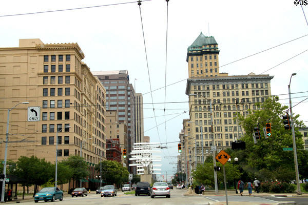 Main St. streetscape with wavy sculpture. Dayton, OH.