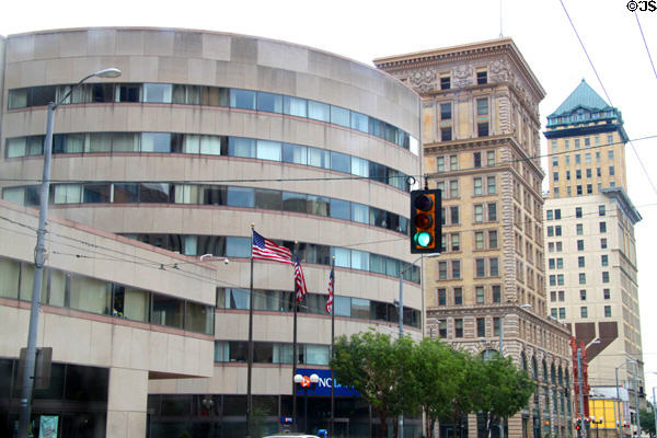 Main St. streetscape with National City Center (1981), Wright Stop Plaza (1902), & Centre City Building (1904) buildings. Dayton, OH.