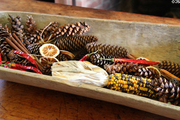 Wooden bowl with corn & pine cones in Whitney home at Historic Kirtland Village. Kirtland, OH.