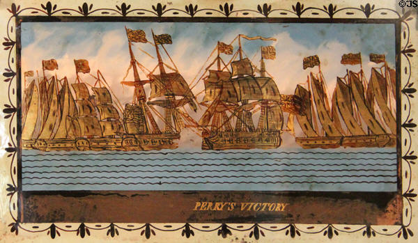 Detail of painting of Oliver Perry's victory over British on looking glass (c1812) by Wayne & Biddle of Philadelphia at Cleveland History Center. Cleveland, OH.