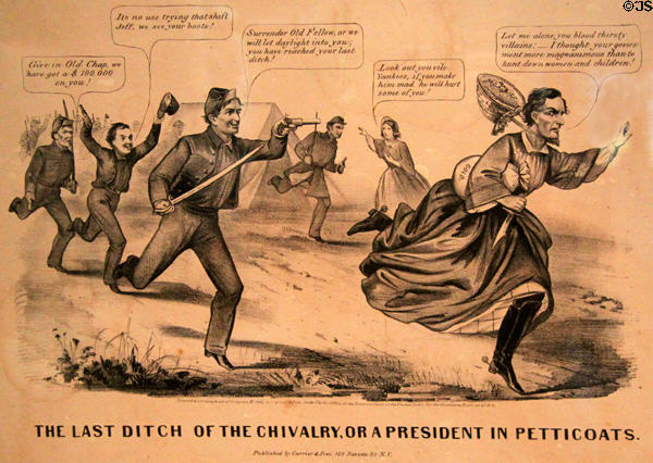 Political cartoon Last Ditch of the Chivalry, or a President in Petticoats shows Jefferson Davis fleeing disguised as a woman at Cleveland History Center. Cleveland, OH.
