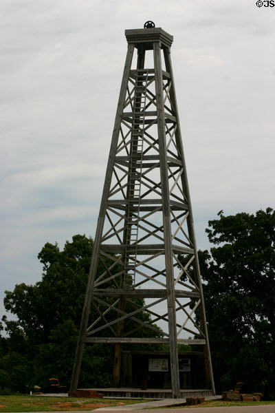 Early wooden oil derrick at Woolaroc Ranch. Bartlesville, OK.