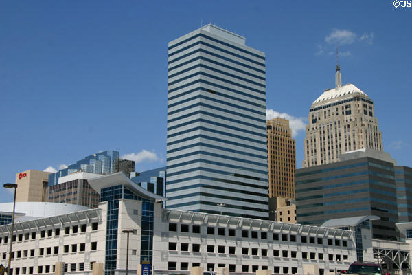 Skyline of Oklahoma City with Oklahoma Tower, City Place & First National Center over well-designed parking structure. Oklahoma City, OK.