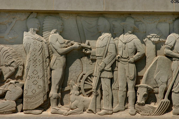 Frieze on Oklahoma County Courthouse of Indians meeting pioneer settlers. Oklahoma City, OK.