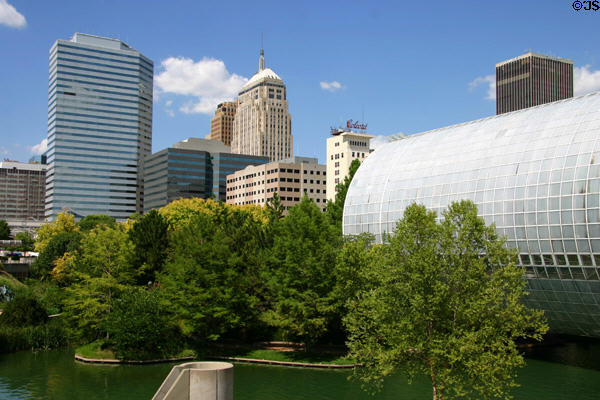 Skyline of Oklahoma City over Myriad Botanical Gardens. Oklahoma City, OK.